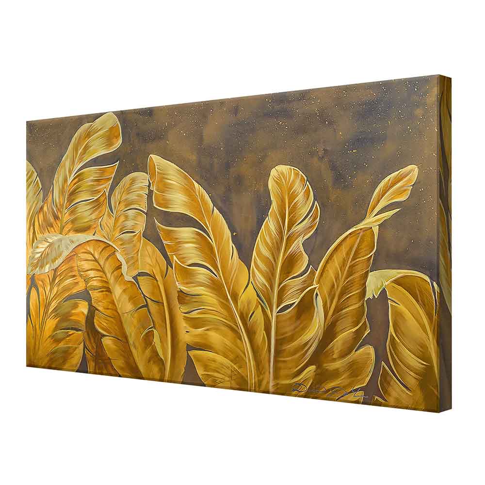 Quadro su tela con foglie oro su fondo scuro, visto lateralmente, con dettagli raffinati che donano profondità e brillantezza.