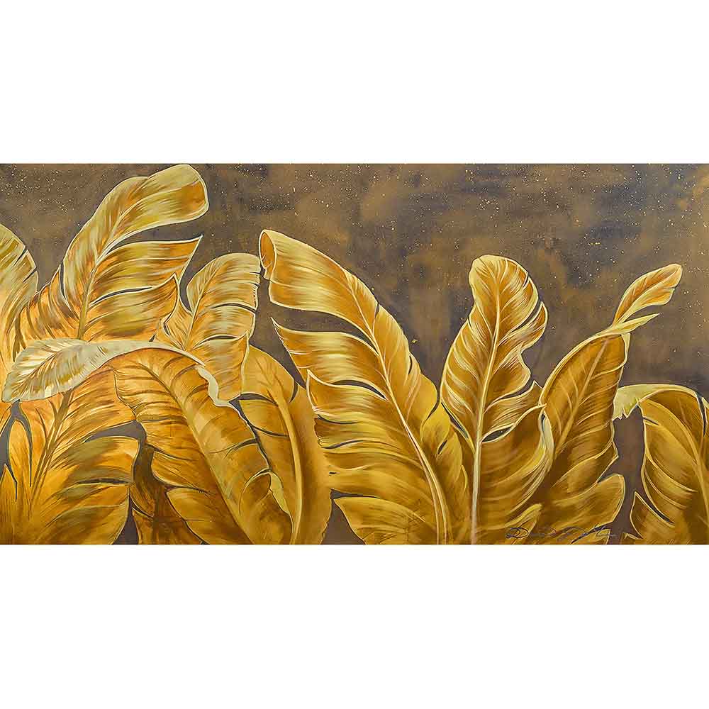 Quadro su tela con grandi foglie dorate in primo piano su sfondo marrone sfumato, creando un effetto luminoso ed elegante.