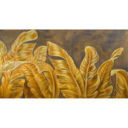 Quadro su tela con grandi foglie dorate in primo piano su sfondo marrone sfumato, creando un effetto luminoso ed elegante.