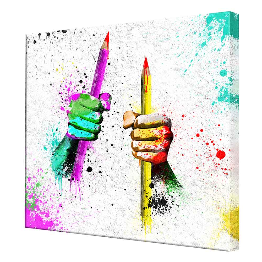 Quadro su tela con un disegno di mani che si sfiorano, visto lateralmente, con dettagli delicati.