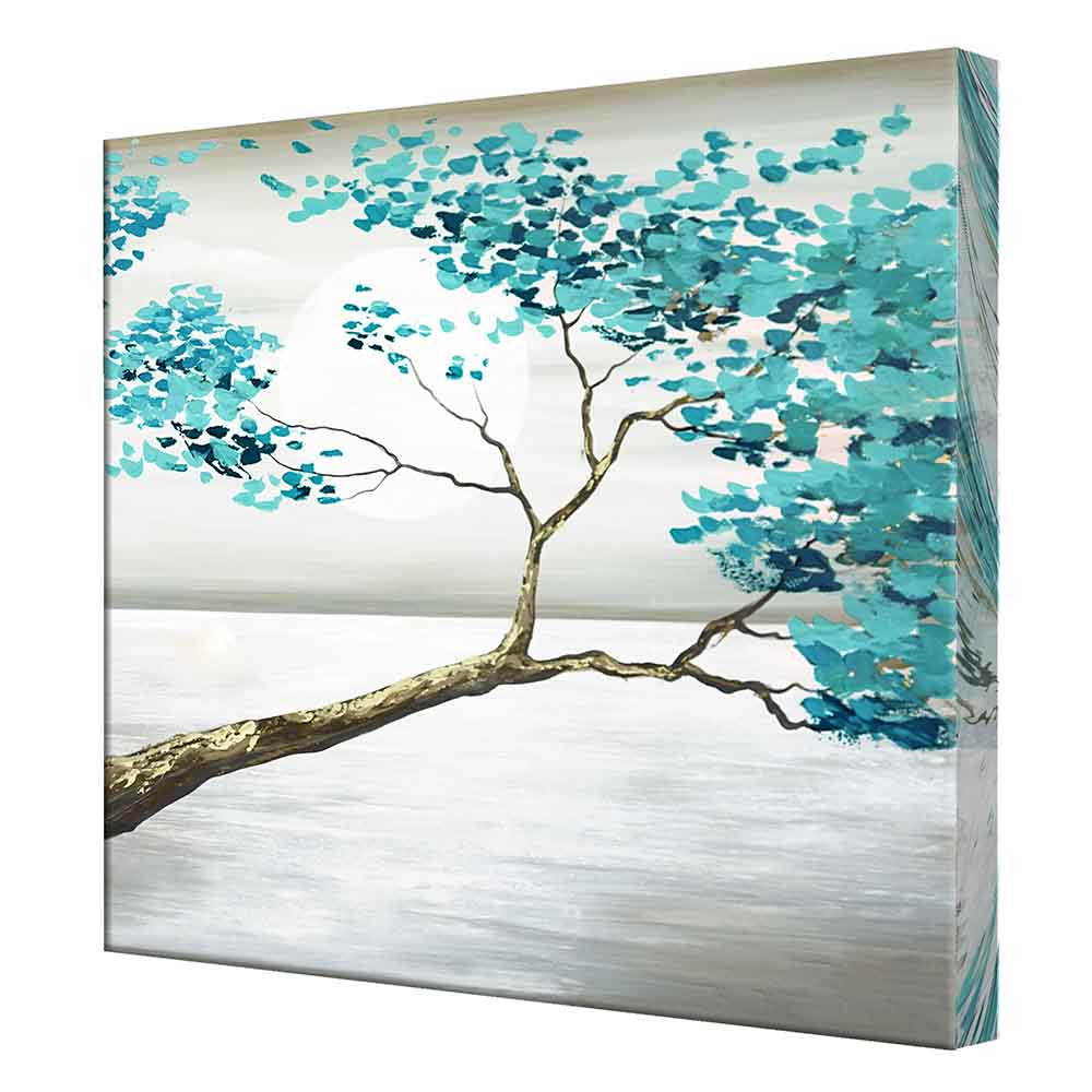 Quadro su tela con ramo d'albero e foglie azzurre sopra un lago, visto da una prospettiva laterale, esaltando profondità e dettagli materici.