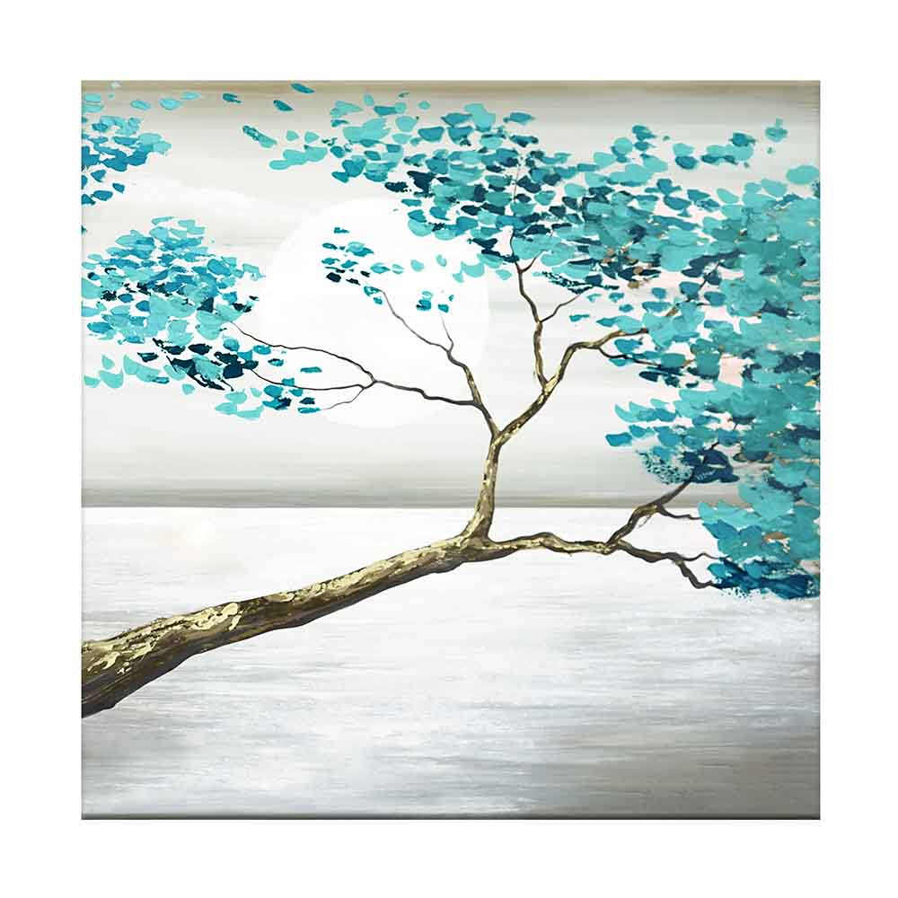Quadro su tela con un ramo d'albero proteso sopra un un lago, foglie azzurre che creano un'atmosfera elegante e serena.