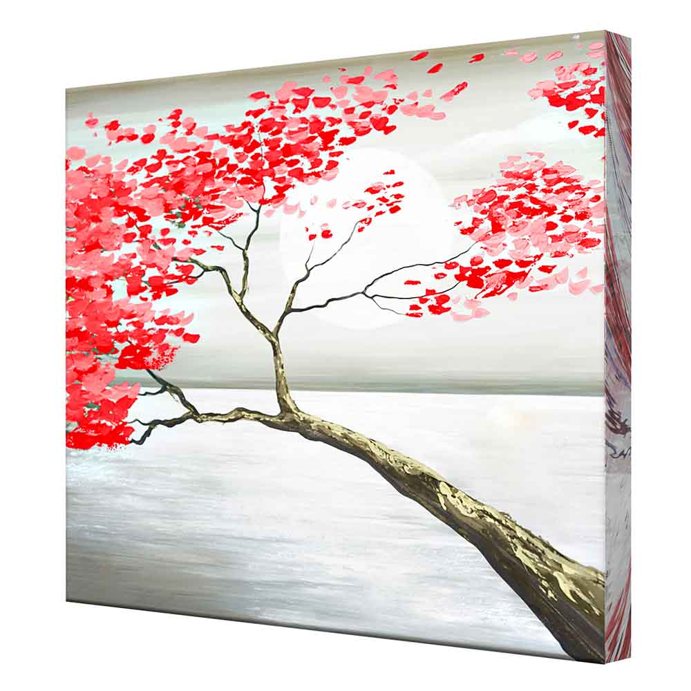 Quadro su tela con ramo e foglie rosse, visto da una prospettiva laterale, con dettagli raffinati che esaltano la composizione.