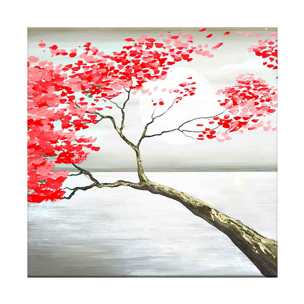 Quadro su tela con ramo d'albero e foglie rosse su sfondo chiaro, dettagli dorati e atmosfera delicata che dona un tocco di calore visivo.