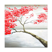 Quadro su tela con ramo d'albero e foglie rosse su sfondo chiaro, dettagli dorati e atmosfera delicata che dona un tocco di calore visivo.