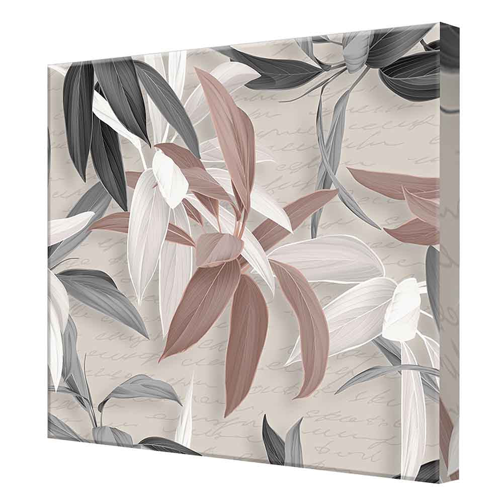 Quadro su tela con foglie rosse e beige su fondo neutro, visto da una prospettiva laterale, enfatizzando i dettagli e il contrasto cromatico.