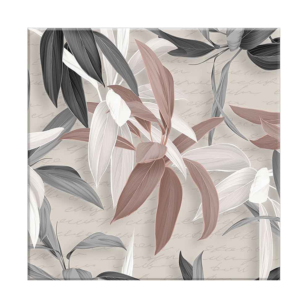 Quadro su tela con foglie nei toni del rosso, beige e nero su sfondo neutro con scritte decorative, perfetto per un ambiente caldo ed elegante.