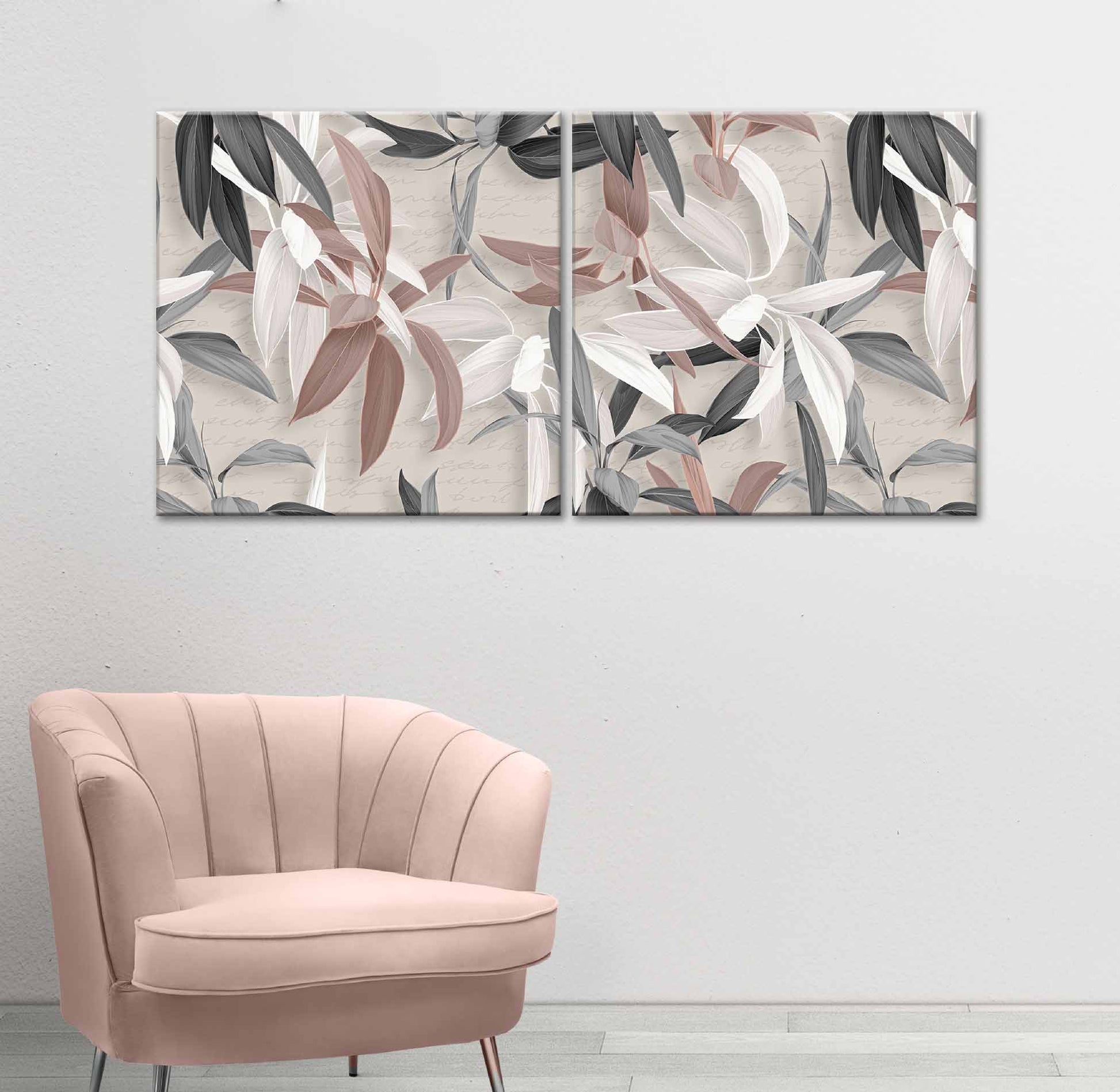 Set di due quadri su tela con foglie bianche e rosse su sfondo neutro, appesi su parete con poltrona rosa per un ambiente raffinato e moderno.