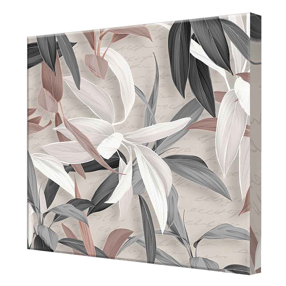 Quadro su tela con foglie bianche e beige, visto lateralmente, con dettagli curati che donano profondità e leggerezza alla composizione.