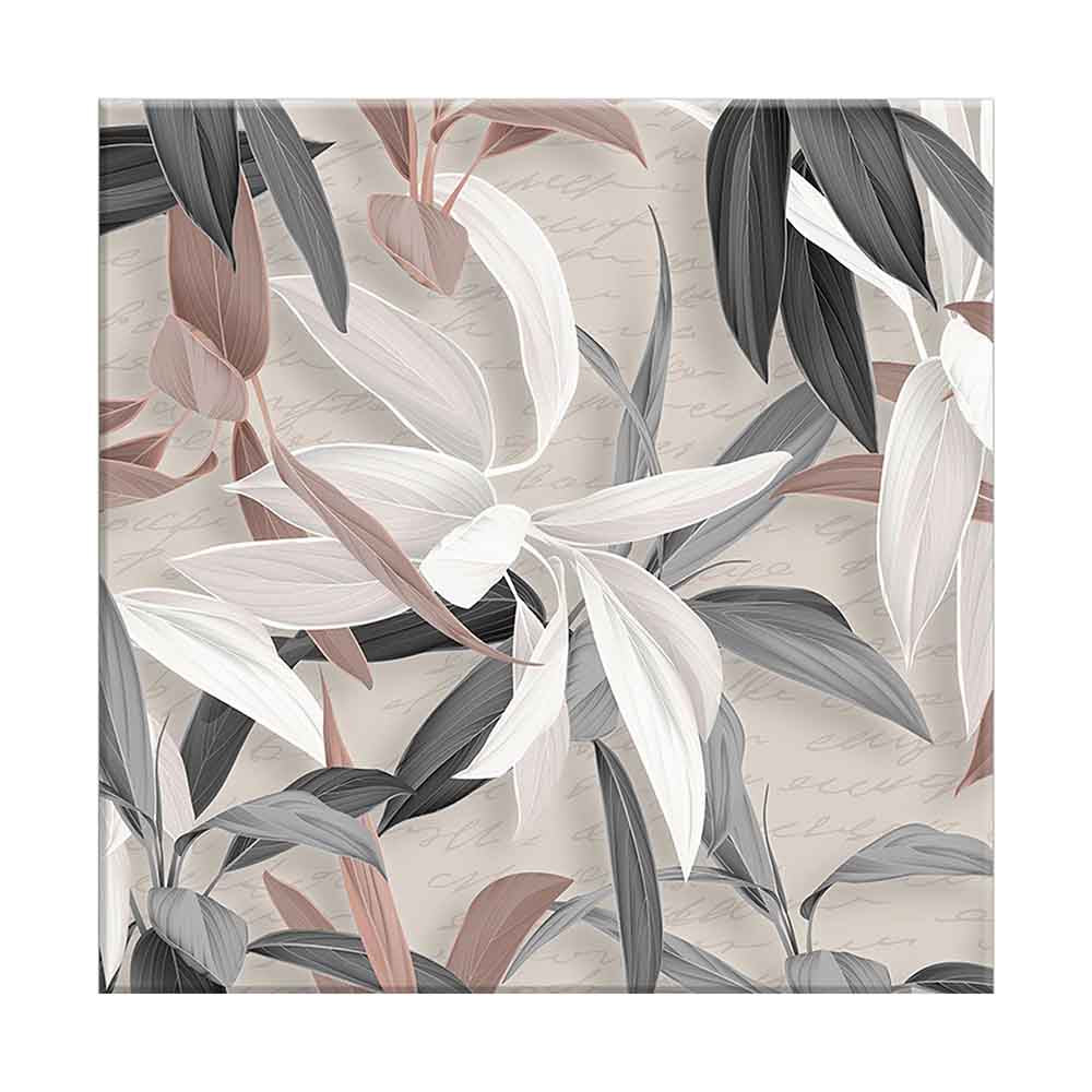 Quadro su tela con eleganti foglie bianche e beige su sfondo neutro con scritte decorative, creando un effetto raffinato e armonioso.