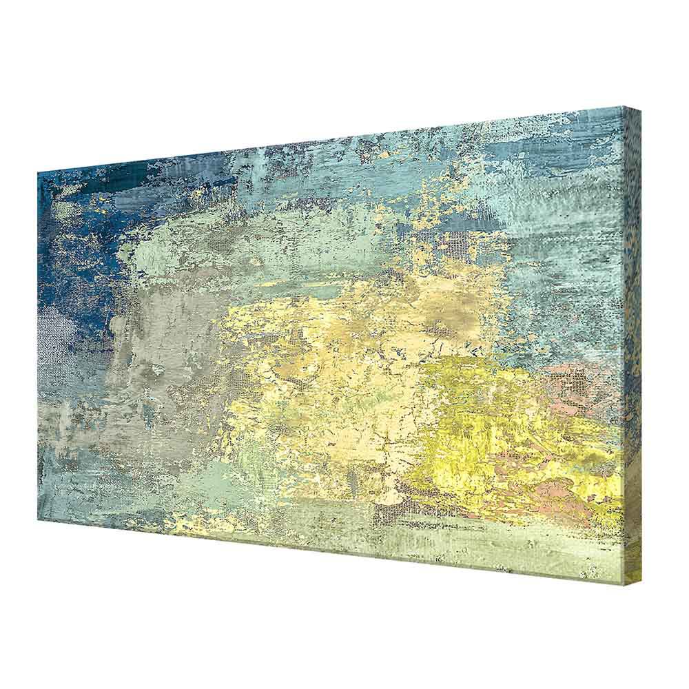 Quadro su tela astratto in tonalità azzurro chiaro, visto lateralmente, con forme fluide e armoniose.