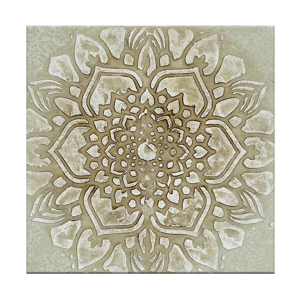Quadro su tela con mandala beige e marrone su sfondo effetto materico, dettagli decorativi raffinati che donano eleganza e armonia all’ambiente.