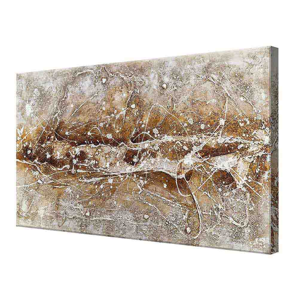 Quadro su tela visto di lato con trama granulosa e venature astratte marroni, beige e bianche su superficie ruvida.