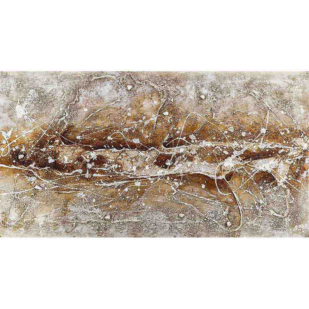 Quadro su tela con fondo sabbia e ocra, decorato da colature bianche e rilievi materici ramificati effetto roccia.