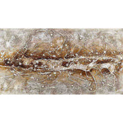 Quadro su tela con fondo sabbia e ocra, decorato da colature bianche e rilievi materici ramificati effetto roccia.