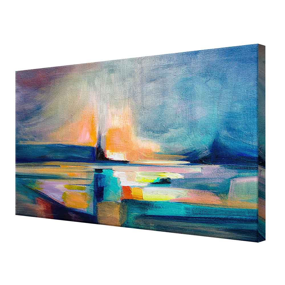 Quadro su tela visto lateralmente con cielo nebuloso e riflessi vivaci su superfici liquide in colori accesi e contrastanti.