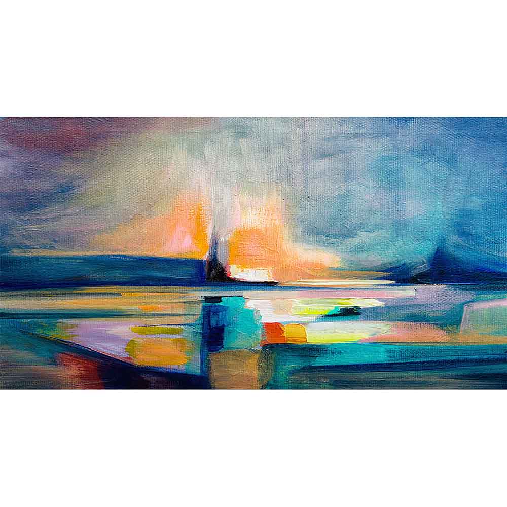 Quadro su tela con paesaggio marino astratto, riflessi colorati sull’acqua e cielo sfumato tra viola, arancio e blu.