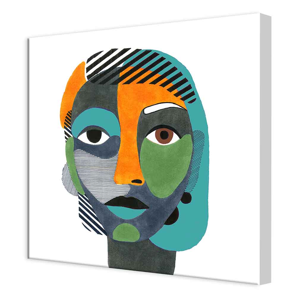 Quadro su tela visto lateralmente con volto di donna astratto dai tratti in verde oliva, turchese, nero e arancio, arricchito da motivi a righe.