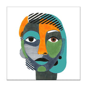 Quadro su tela raffigurante un volto femminile con campiture di verde, nero e arancio, arricchito da motivi grafici a righe nere, su sfondo bianco.