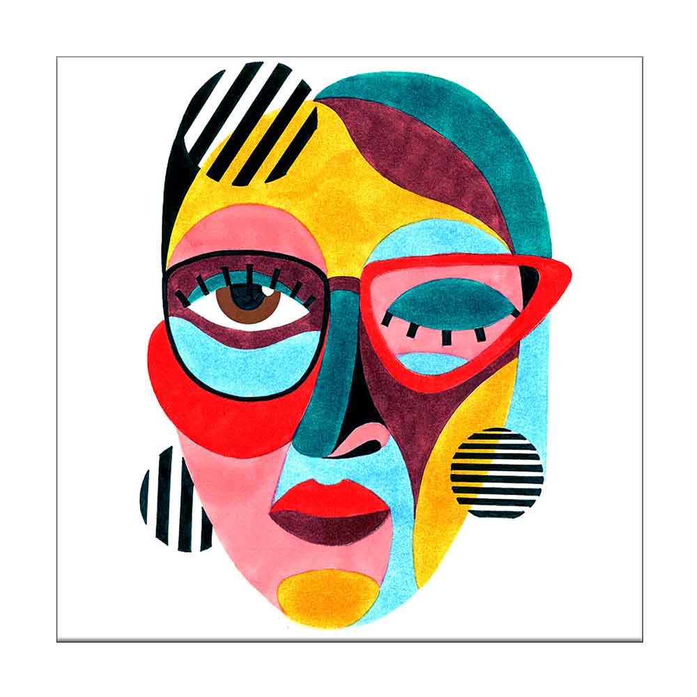 Quadro su tela con volto femminile in composizione astratta dai colori vivaci come rosso, giallo, turchese e rosa, con occhiali rossi su sfondo bianco.