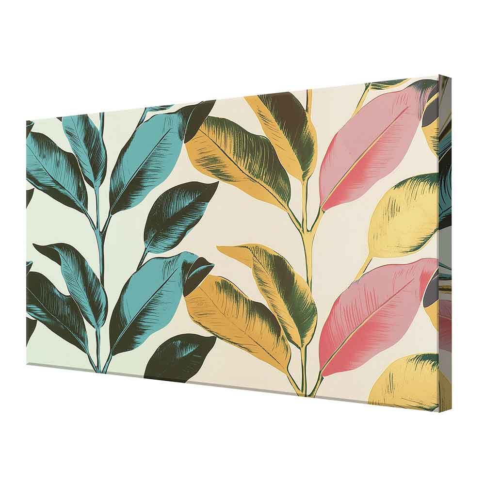 Vista laterale di quadro in tela con foglie larghe colorate, tratti neri e fondo chiaro diviso in due tonalità pastello.