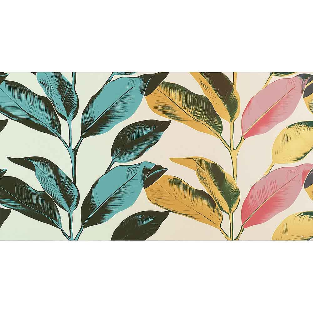 Quadro su tela con rami e foglie tropicali color verde, senape e rosa su fondo chiaro, stile illustrativo dettagliato.