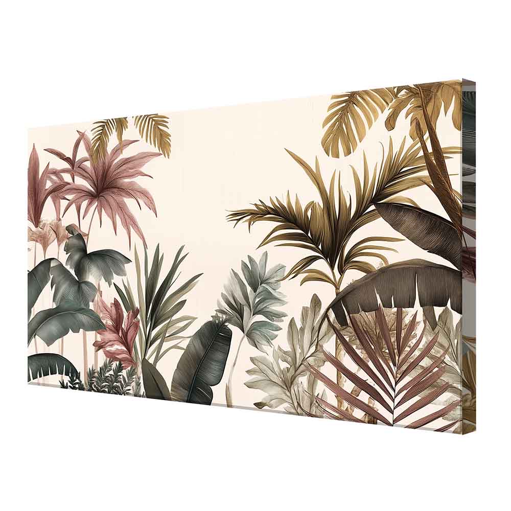 Vista laterale di quadro su tela con foglie tropicali dai toni naturali e fondo chiaro, composizione armoniosa ideale per interni ariosi e rilassanti.