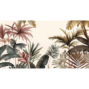 Quadro su tela decorato con piante tropicali lussureggianti, foglie grandi nei toni verde, bronzo e rosa su sfondo beige, effetto giungla esotica.