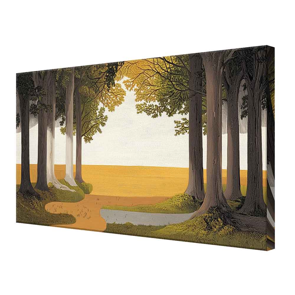 Vista laterale del quadro su tela di un bosco con alberi alti e sentiero, mostrando la texture della pittura e l'armonia delle tonalità naturali.