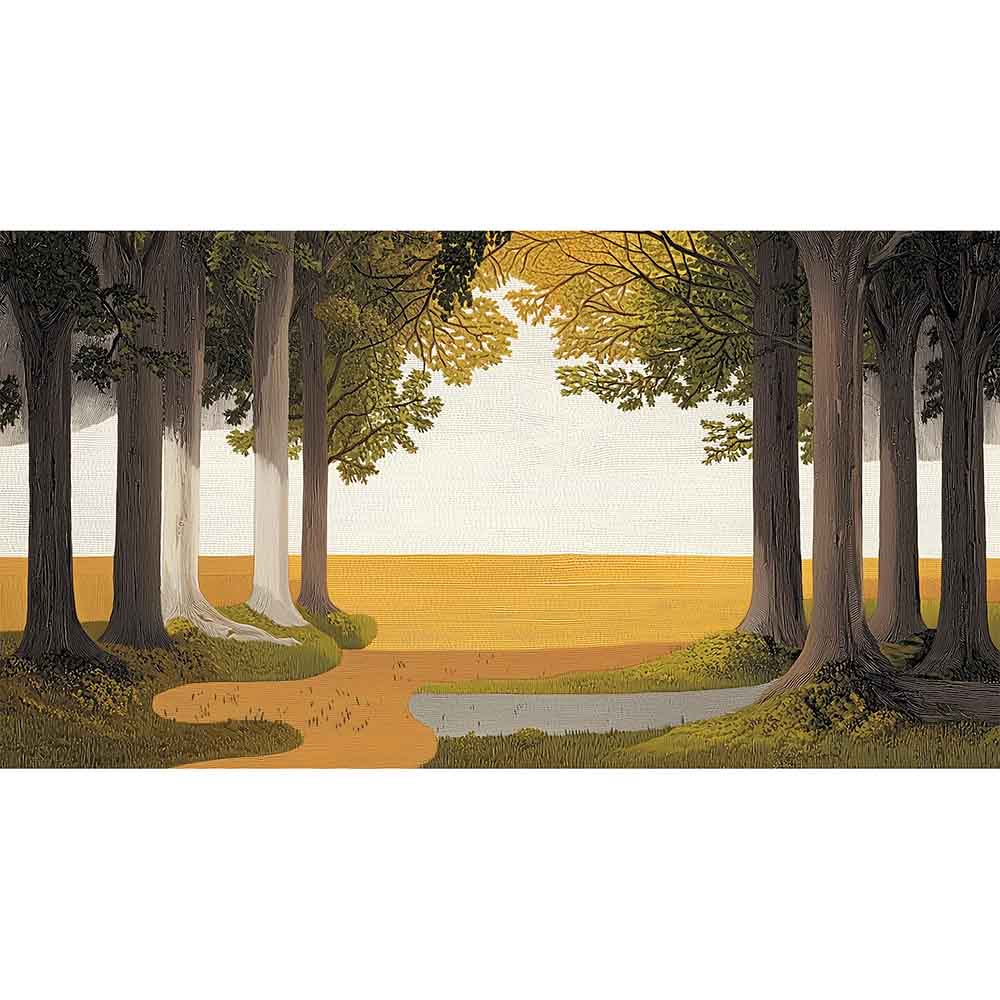 Quadro su tela raffigurante un bosco con alberi slanciati e sentiero centrale, tonalità calde e luminose, creando un'atmosfera serena e accogliente.