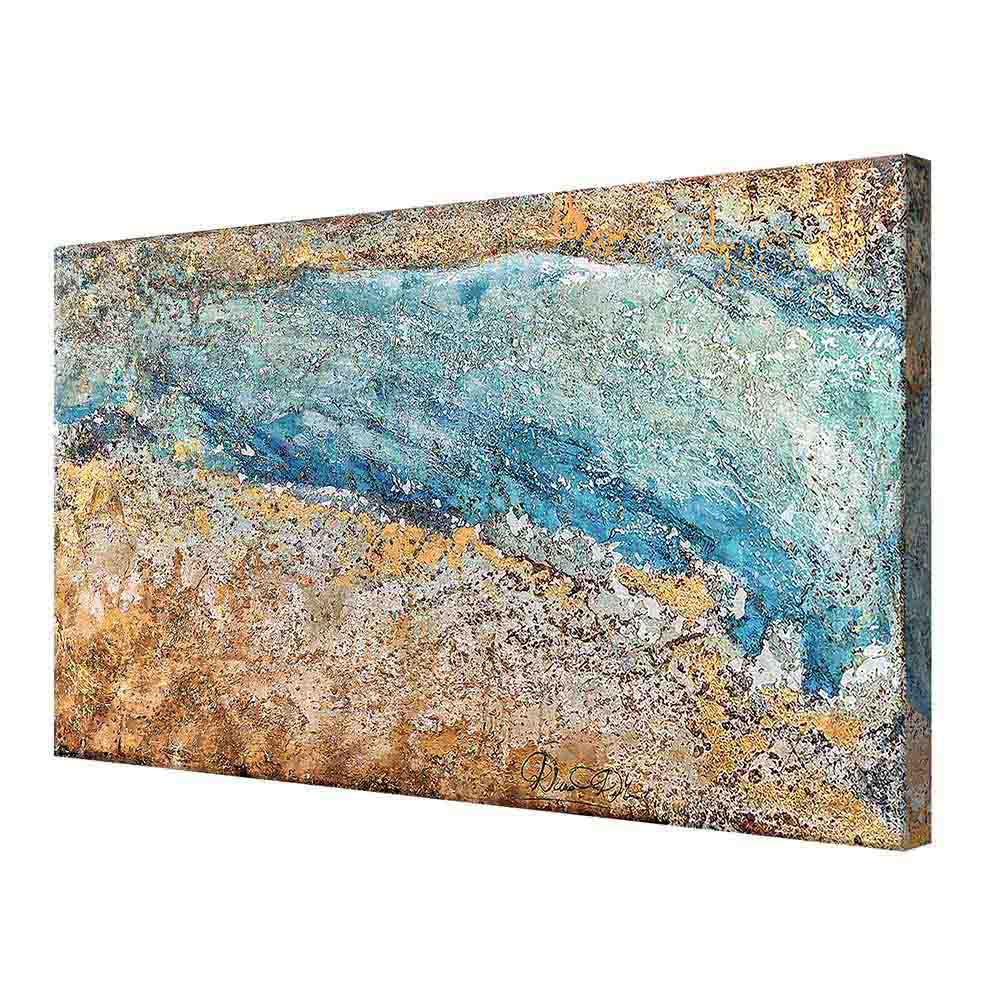 Vista laterale del quadro su tela astratto con sfumature blu e dorate, evidenziando la profondità e la ricchezza della texture pittorica.