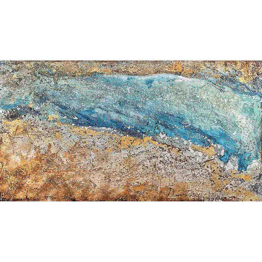 Quadro su tela astratto con colate di blu e oro, texture materica pronunciata, creando un effetto dinamico e moderno.