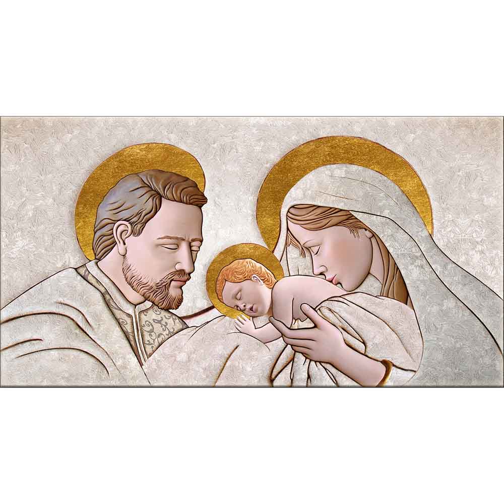 Quadro su tela raffigurante la Sacra Famiglia con aureole dorate, dettagli delicati su sfondo chiaro, creando un effetto elegante e spirituale.