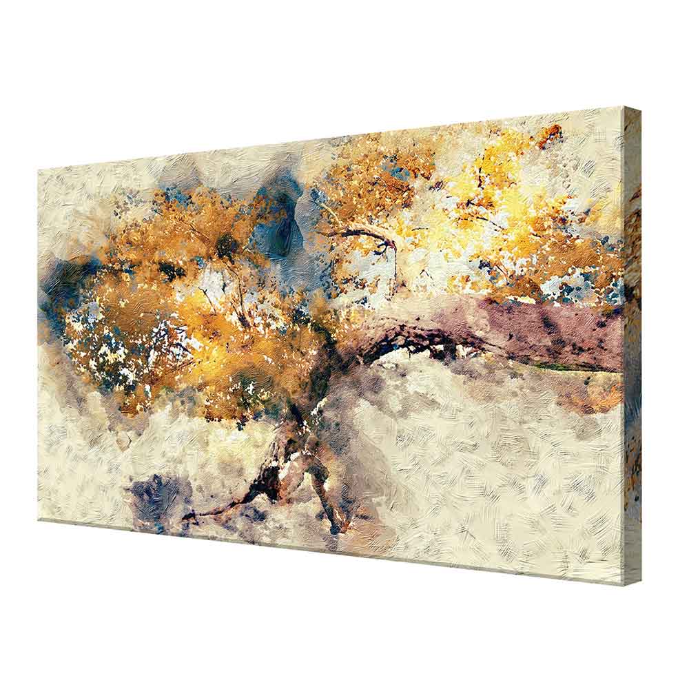 Vista laterale del quadro su tela raffigurante un albero con rami dorati su sfondo blu, evidenziando la texture e la profondità dei dettagli pittorici.