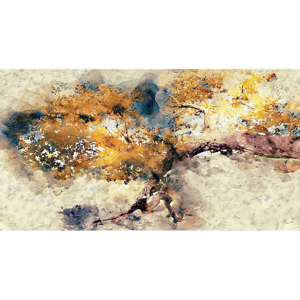 Quadro su tela con albero dai rami dorati su sfondo blu intenso, dettagli materici evidenti, creando un effetto tridimensionale e luminoso.