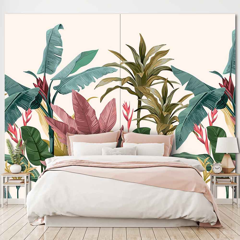 Quadro su tela grande con foglie di banano in tonalità verdi, ambientato in una camera dal design naturale e rilassante.