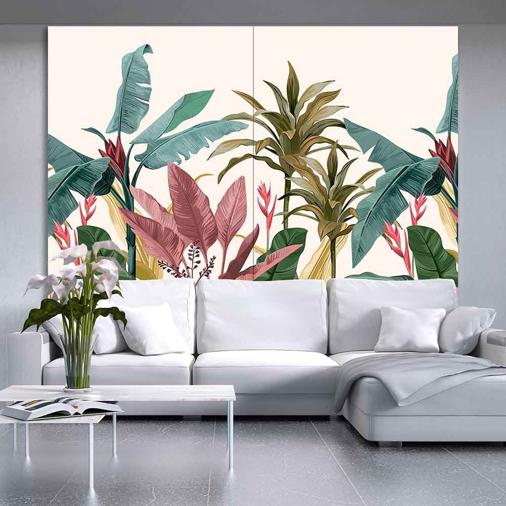 Quadro su tela grande con foglie di banano dettagliate, collocato in un soggiorno moderno con colori neutri.