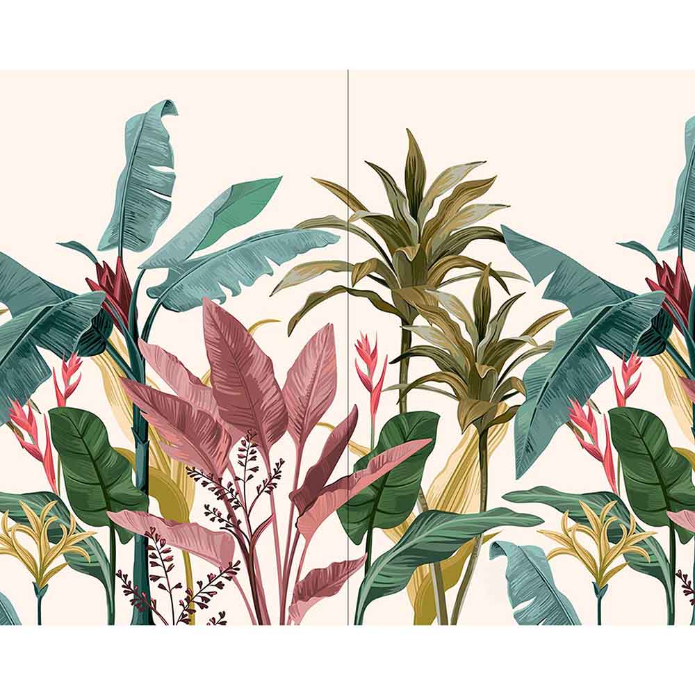 Quadro su tela grande con eleganti foglie di banano su sfondo chiaro, perfetto per ambienti dal tocco tropicale.