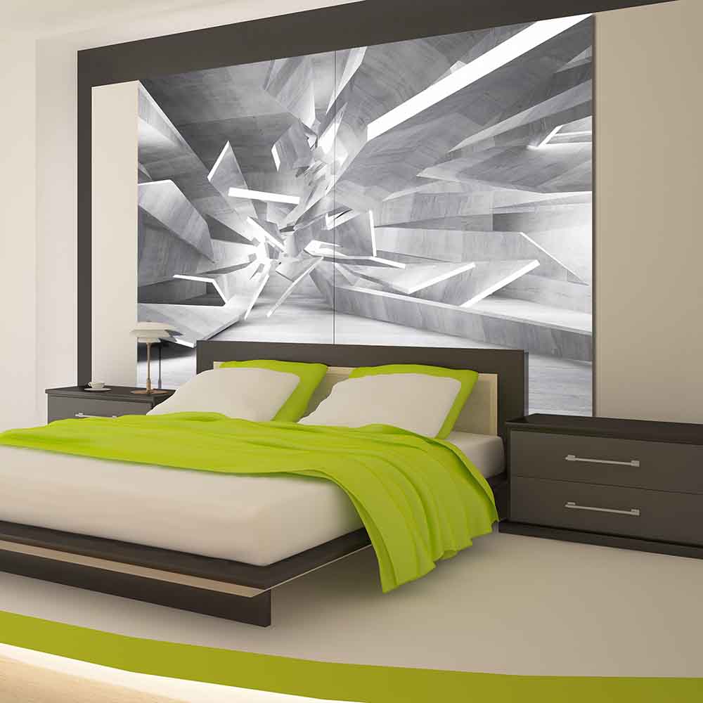 Quadro su tela grande con struttura architettonica fratturata in bianco e grigio, design dinamico e futuristico per interni moderni.