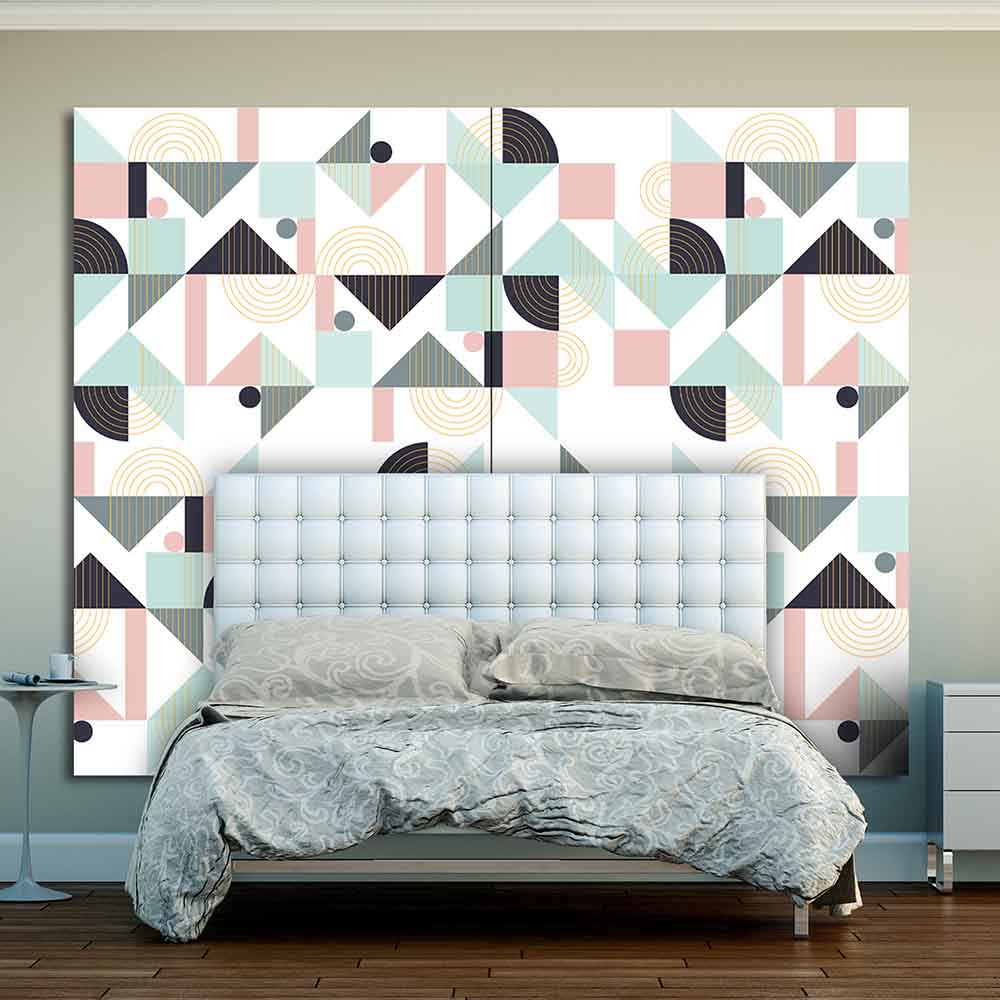 Quadro su tela grande con motivi geometrici multicolore in stile etnico moderno, ideale come decorazione murale per camere da letto contemporanee.