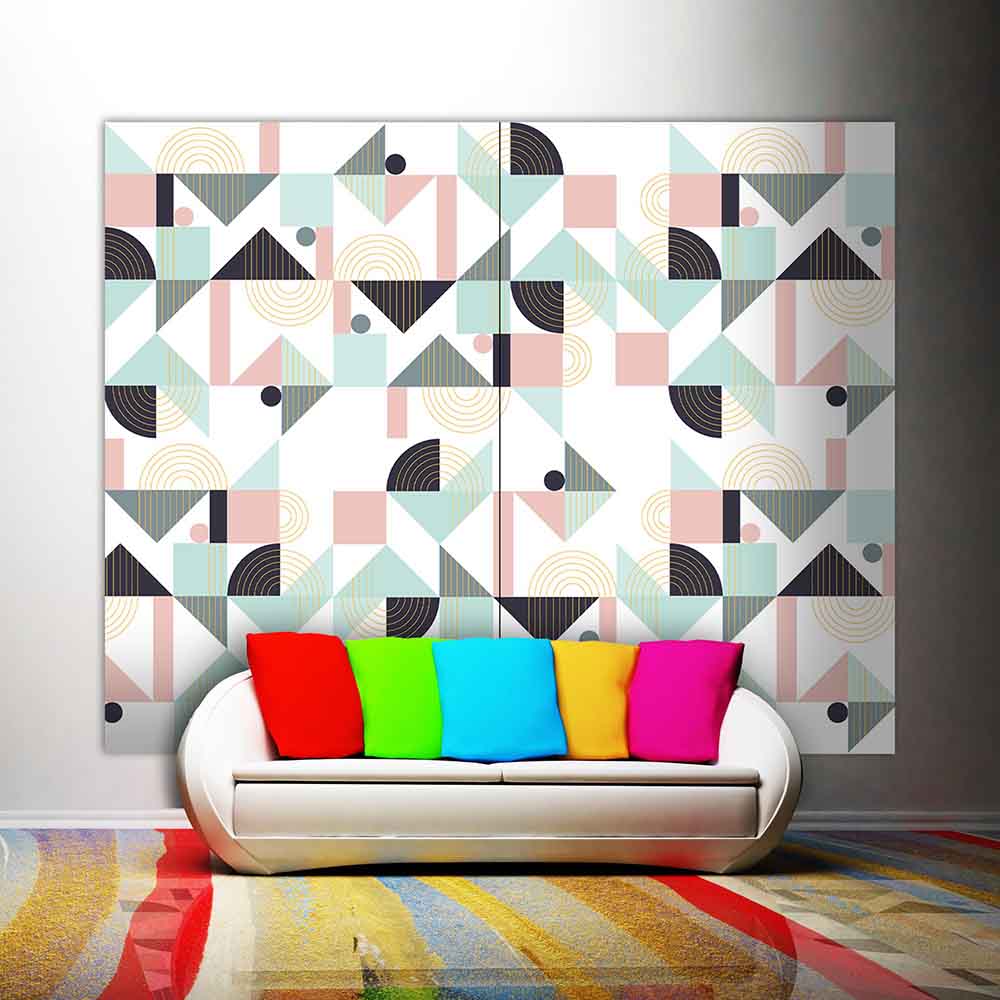 Quadro su tela grande con decorazioni geometriche colorate, ideale come elemento pop per ambienti vivaci e moderni.