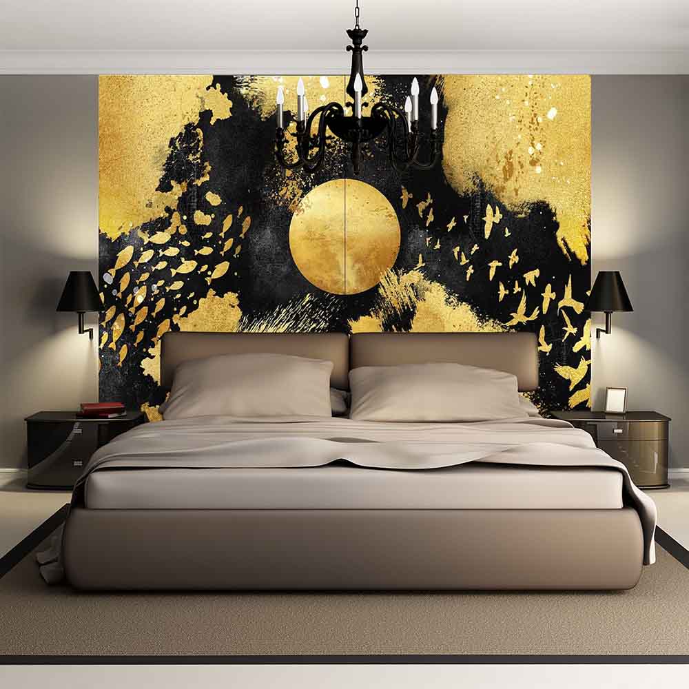 Quadro su tela grande con elementi naturali in sfumature dorate, decorando una camera con eleganza e luminosità.