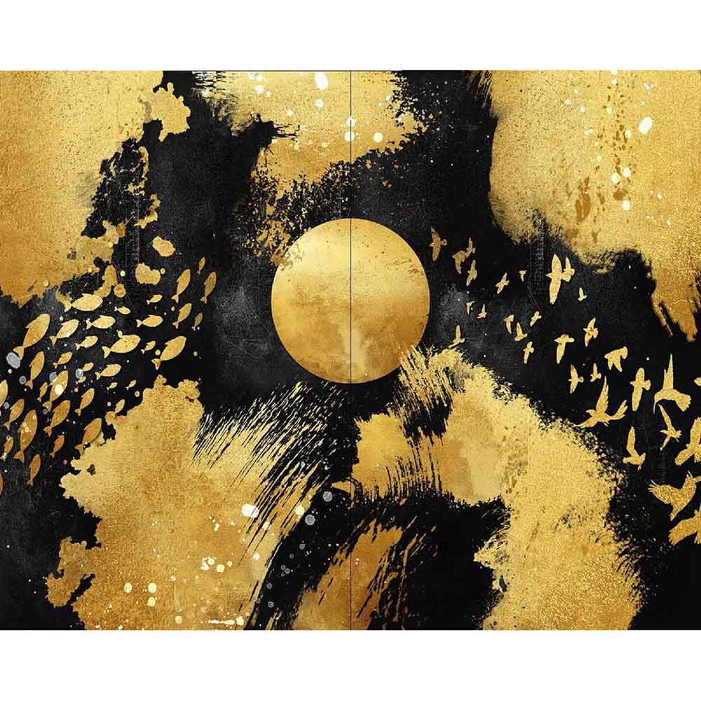 Quadro su tela grande con motivi naturali dorati su sfondo scuro, creando un contrasto raffinato per qualsiasi ambiente.