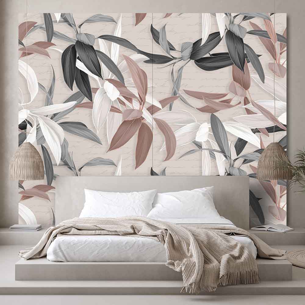 Quadro su tela grande con composizione di foglie dai toni cipria, grigi e bianchi su sfondo beige, perfetto per camere moderne e delicate.