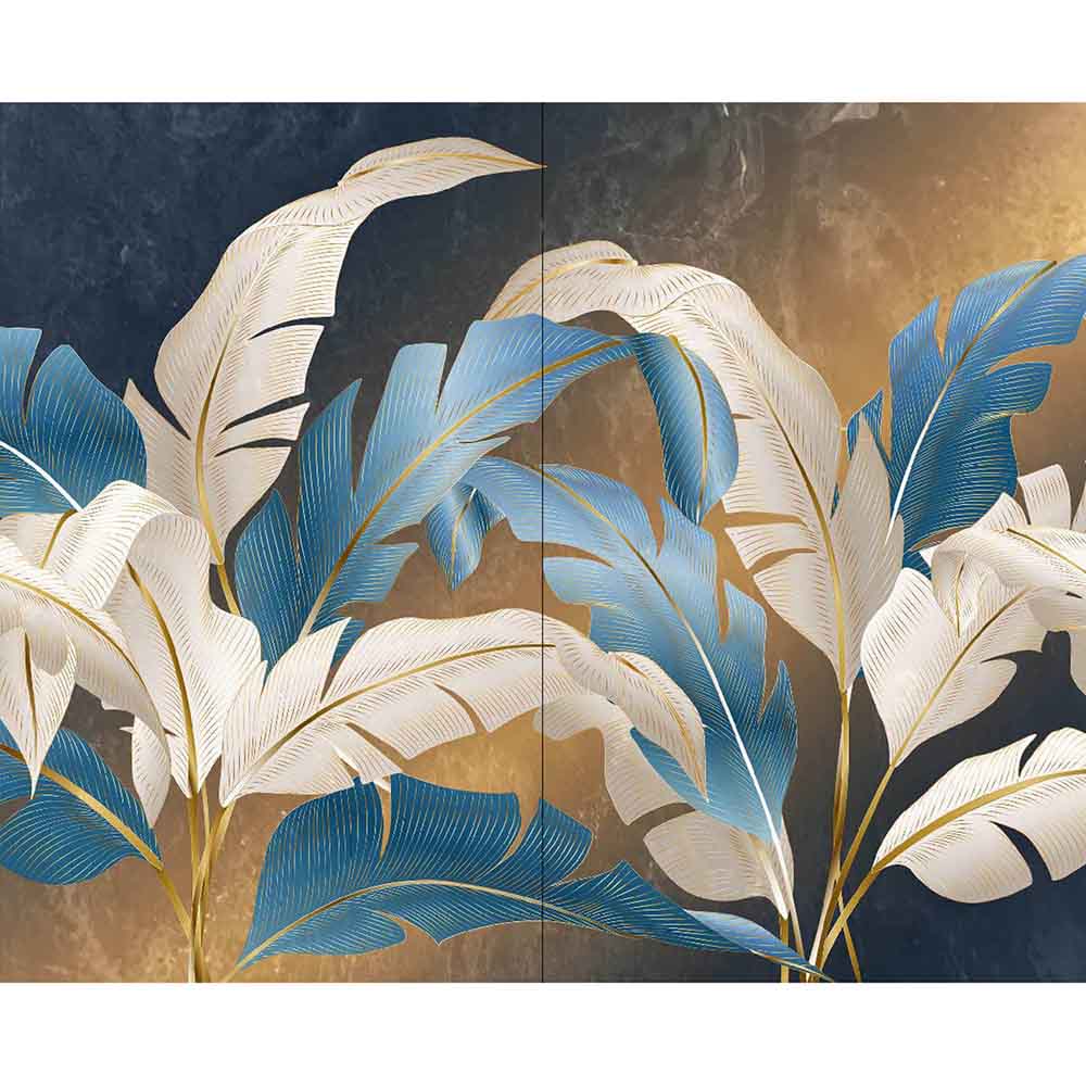 Quadro su tela grande con foglie decorative blu e avorio su fondo sfumato, decoro tropicale raffinato per pareti dal design ricercato.