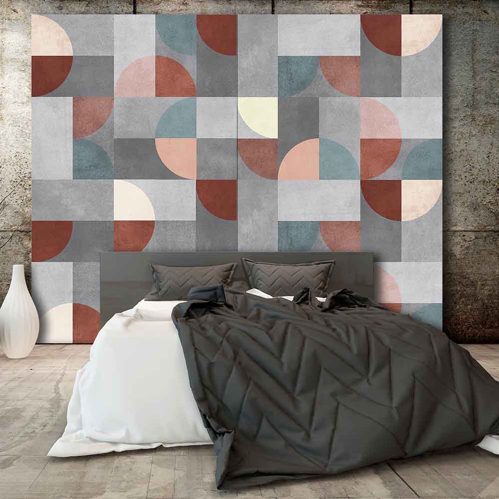 Quadro su tela grande con motivi geometrici curvi e blocchi modulari in grigio, terracotta e verde, decorazione elegante per camere moderne.