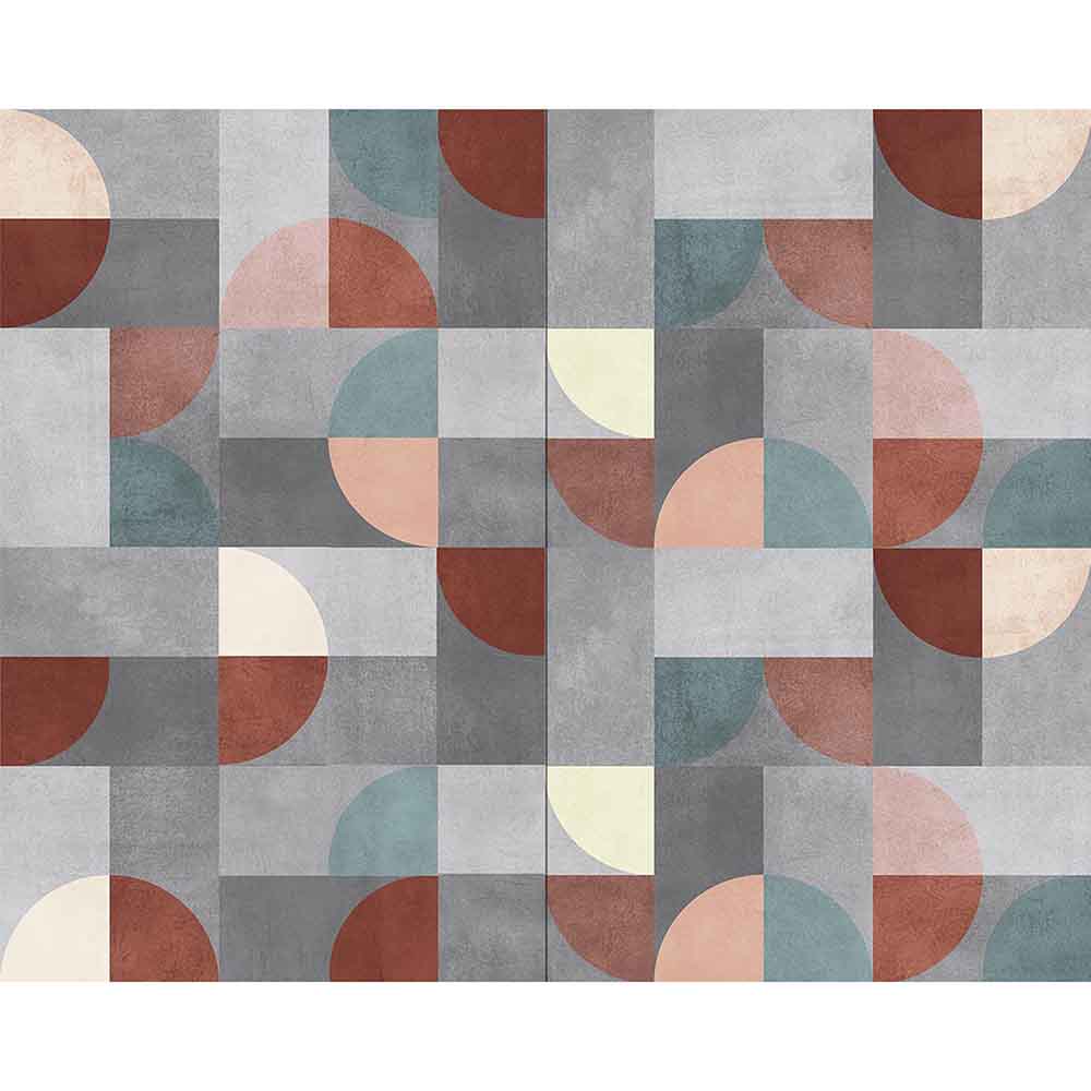 Quadro su tela grande con geometrie circolari e blocchi colorati nei toni grigi, terracotta e salvia, perfetto per ambienti moderni e minimalisti.