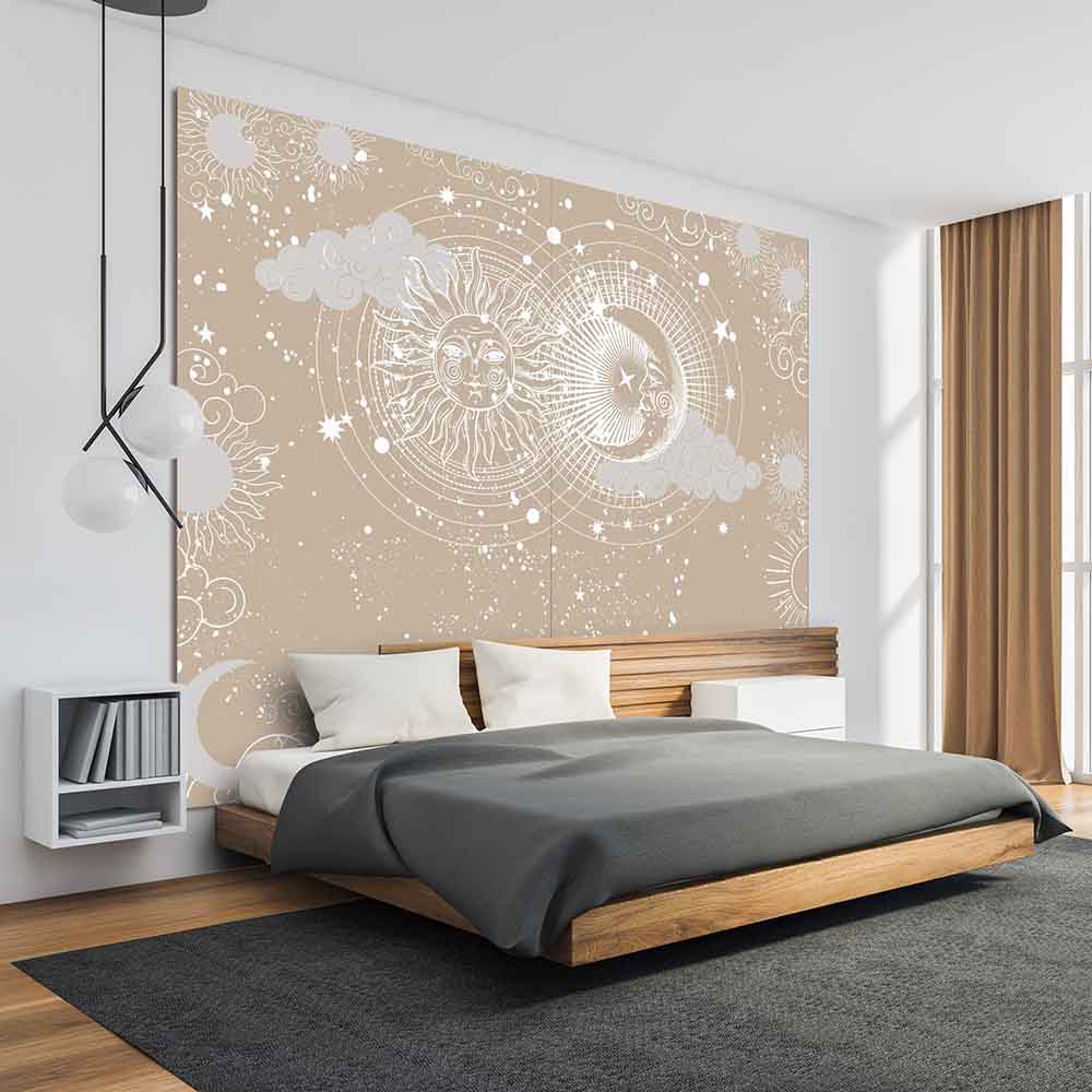 Quadro su tela grande con una scena onirica di un incontro magico, decorando una camera con atmosfera sognante.