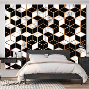 Quadro su tela grande con pattern cubico 3D nero, bianco marmo e rame lucido, ideale per camere dal design geometrico e contemporaneo.