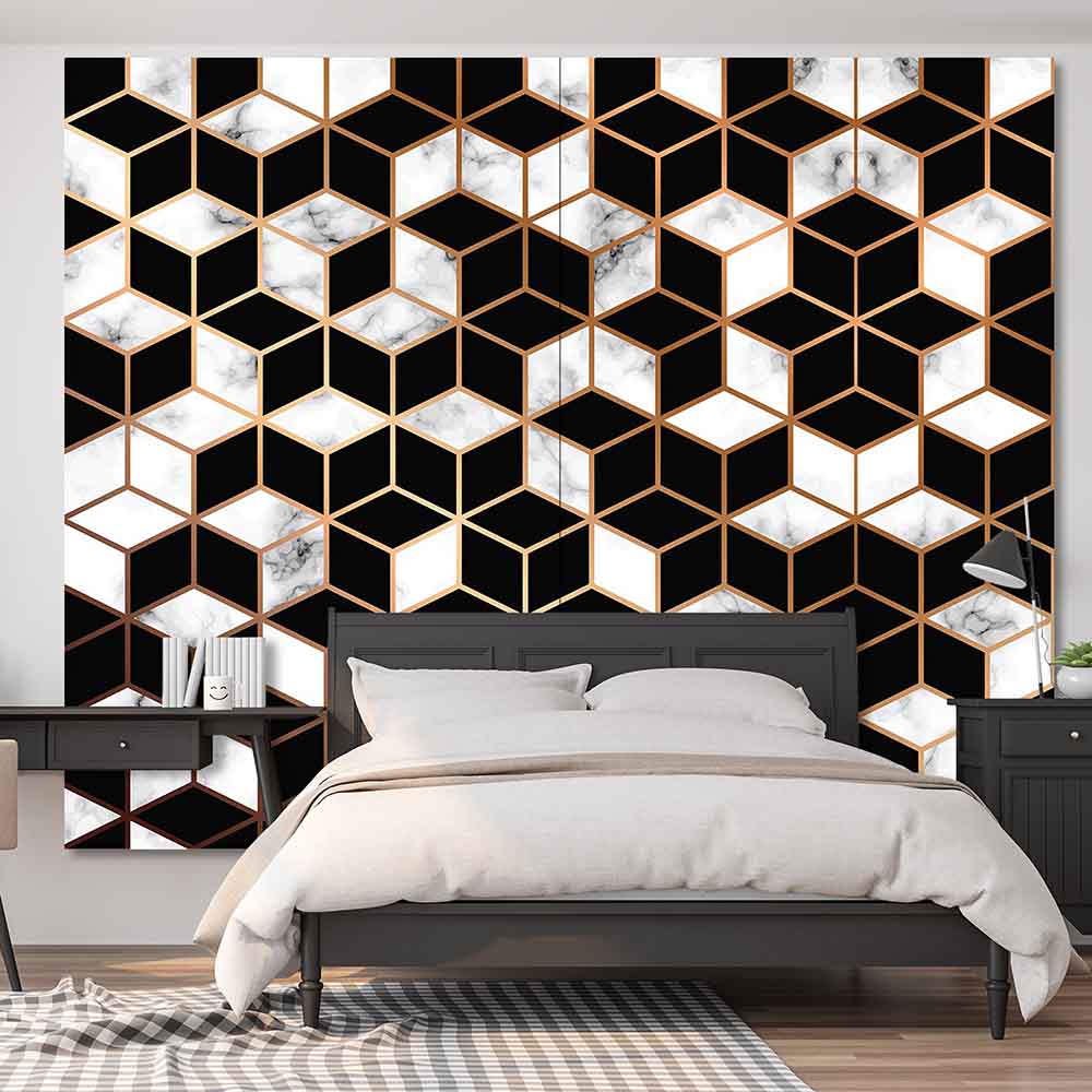 Quadro su tela grande con pattern cubico 3D nero, bianco marmo e rame lucido, ideale per camere dal design geometrico e contemporaneo.